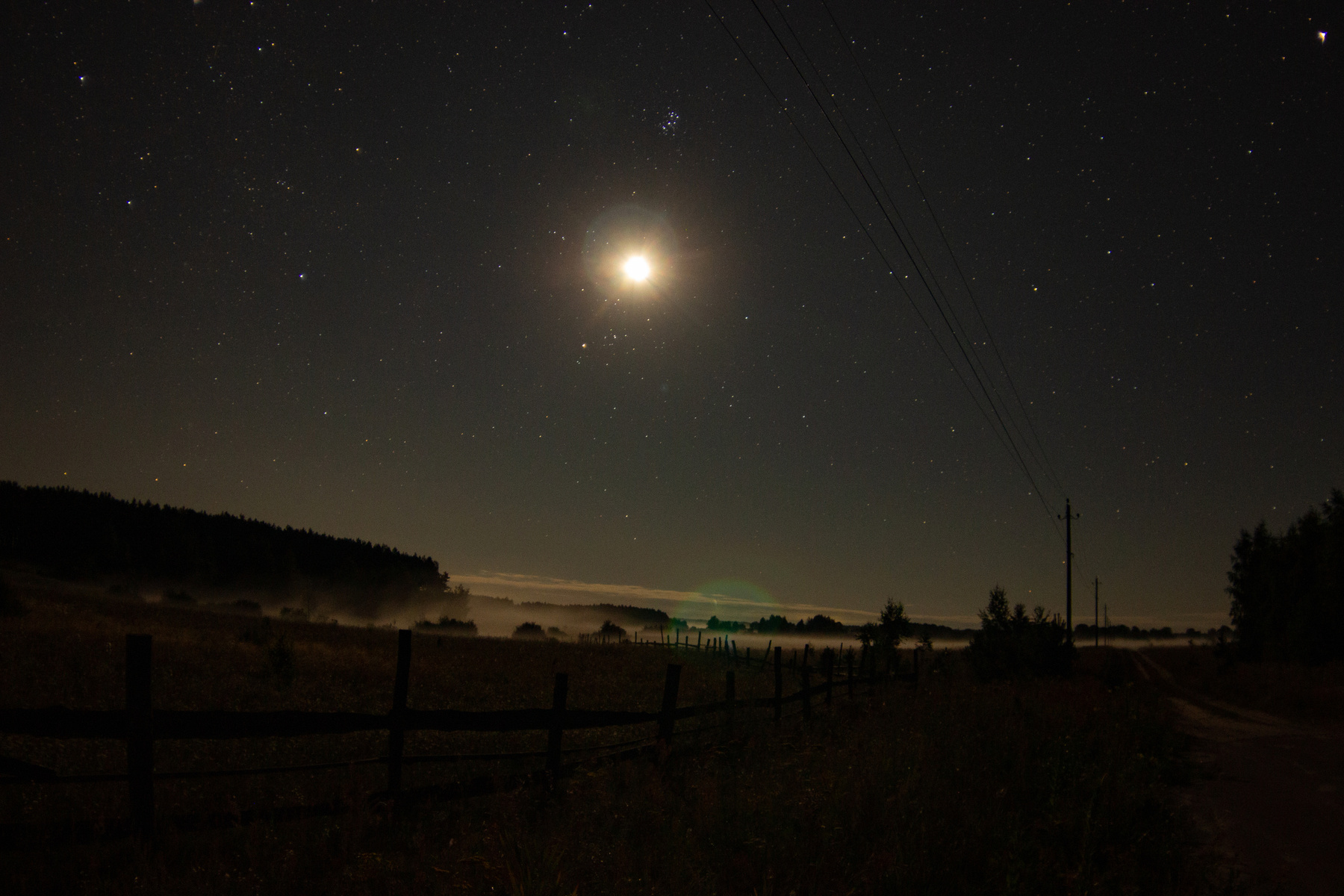Ночной туман луна звезды туман лес изгородь забор