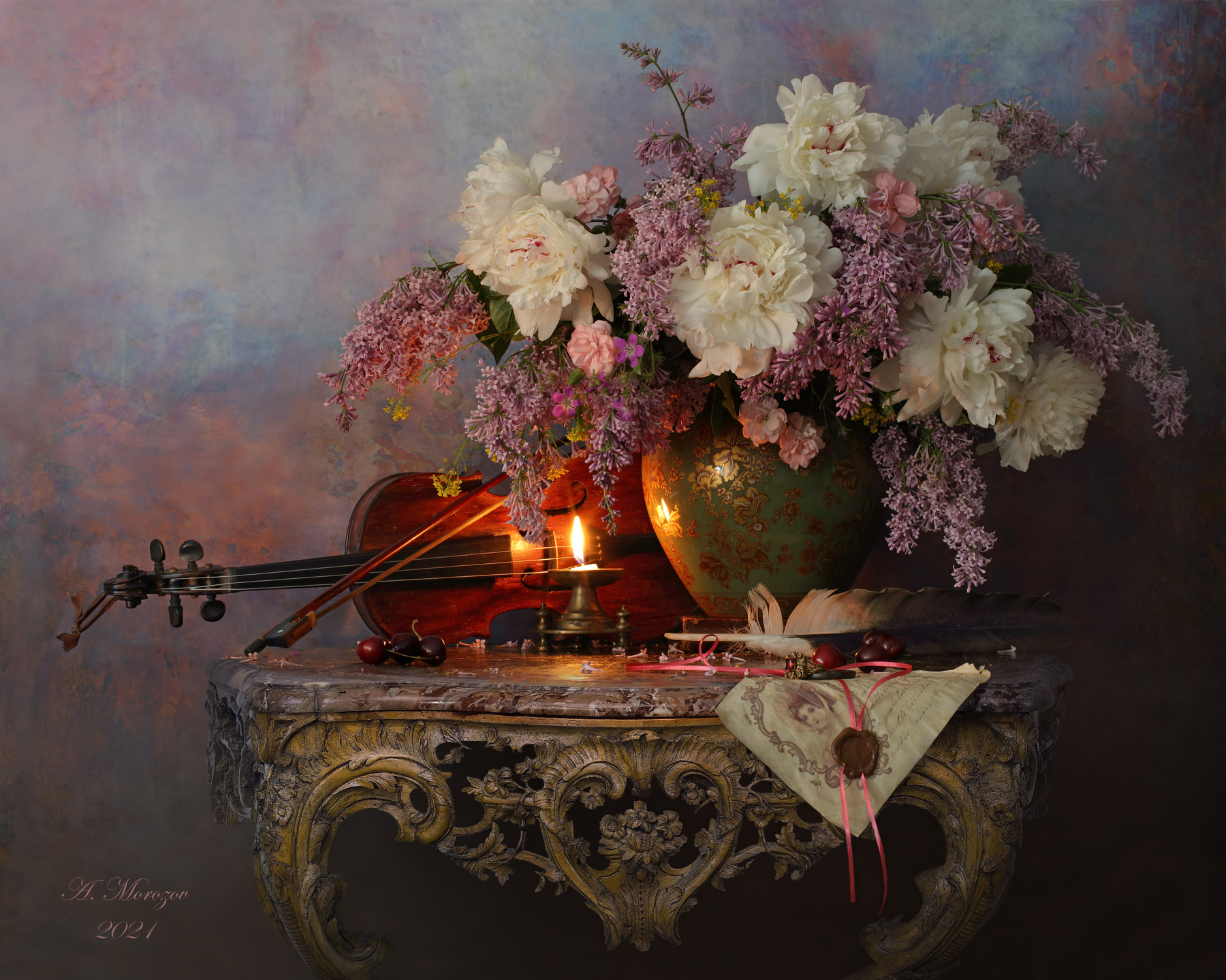 Натюрморт со скрипкой и цветами цветы скрипка пионы сирень букет