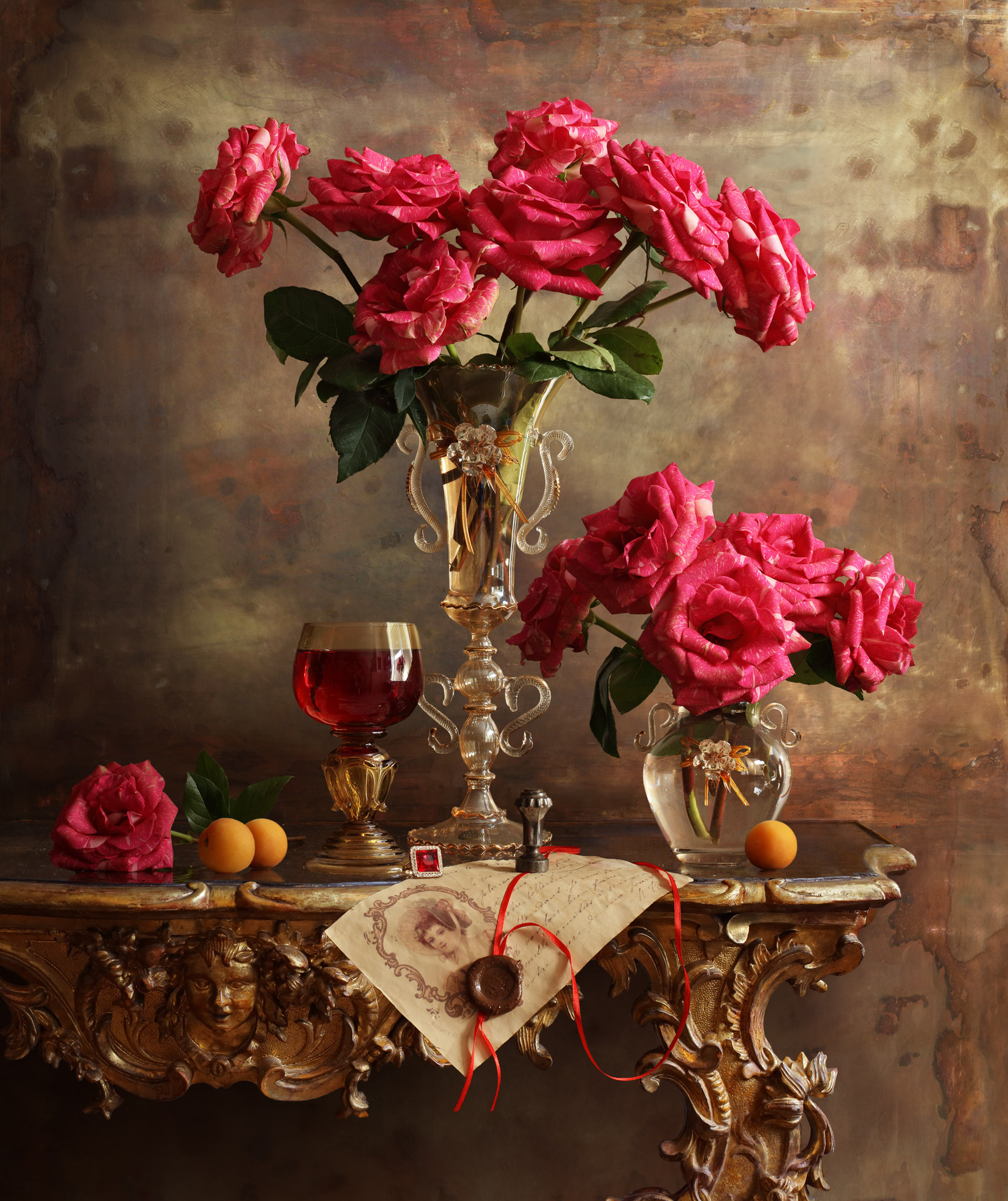 Натюрморт с розами (вариант) цветы девушка розы фрукты картина