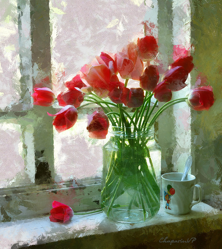 Тюльпаны на окне. chaparin.v.p май натюрморт окошко склянка тюльпаны цветы