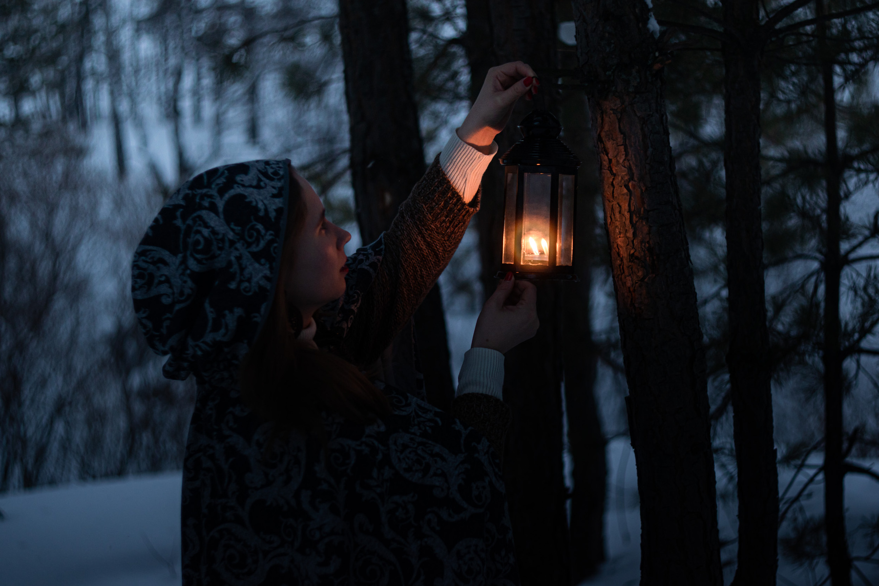 Таинство лес зима сумерки девушка фонарь