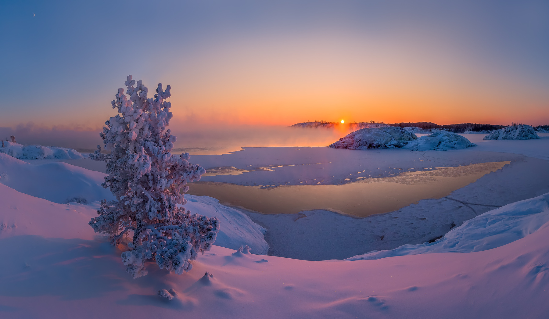 Мороз крепчает, вечер. Карелия ладожское озеро зима мороз шхеры лёд сосна солнце месяц снег остров