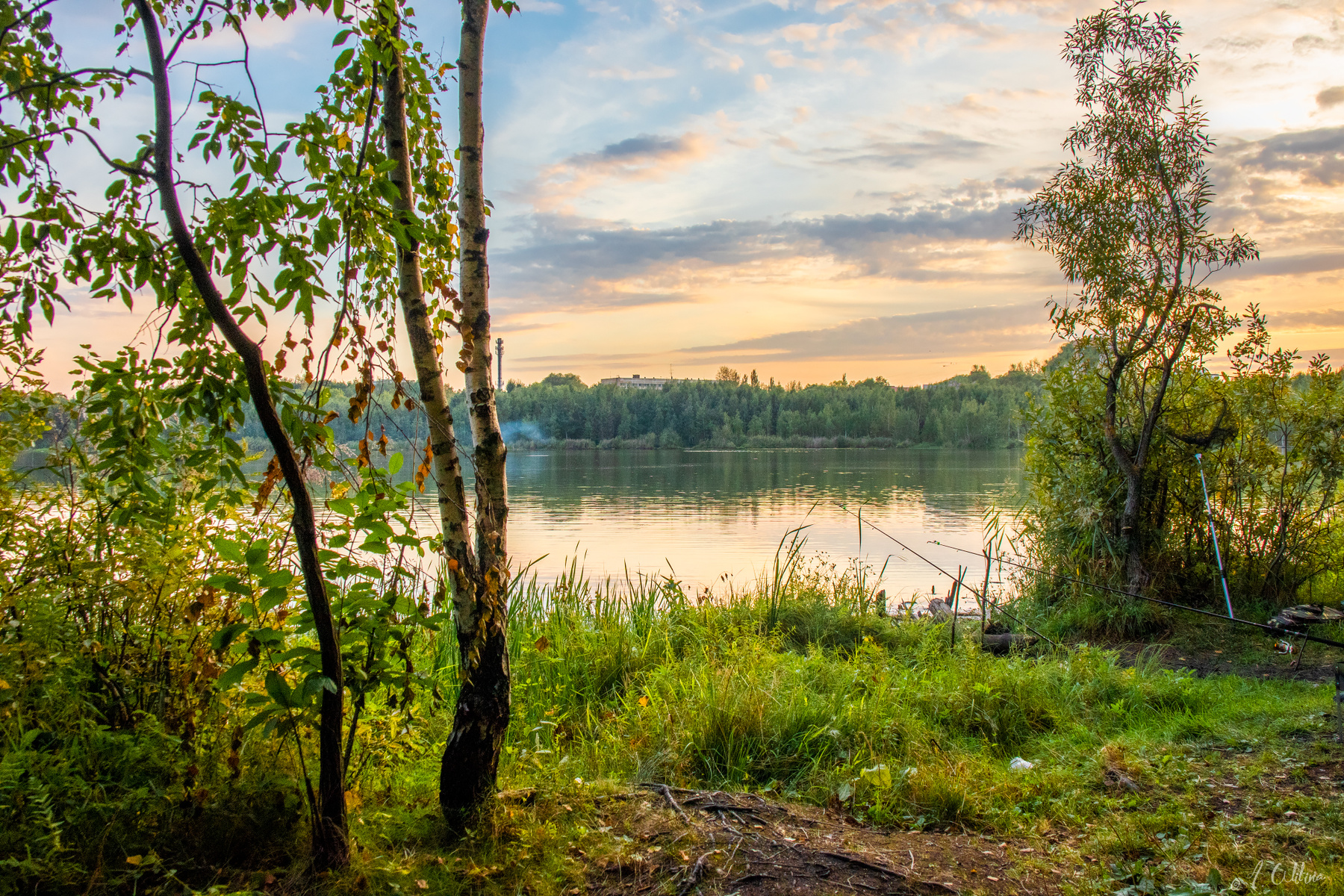 Вечер на озере Озеро вечер лес березы берег лето закат облака солнце удочки рыбалка дым