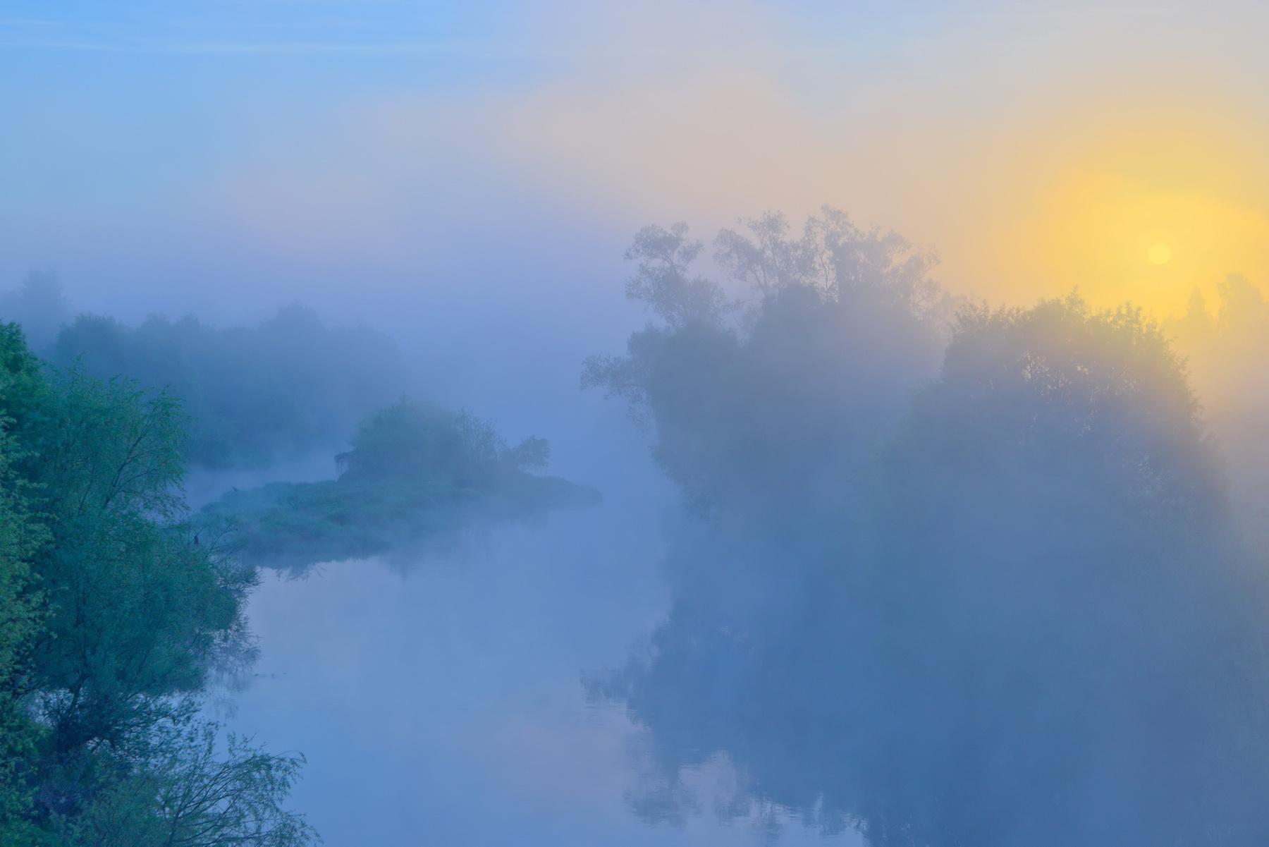 Доброе Утро! рассвет заря небо туман солнце лес пейзаж речка река остров