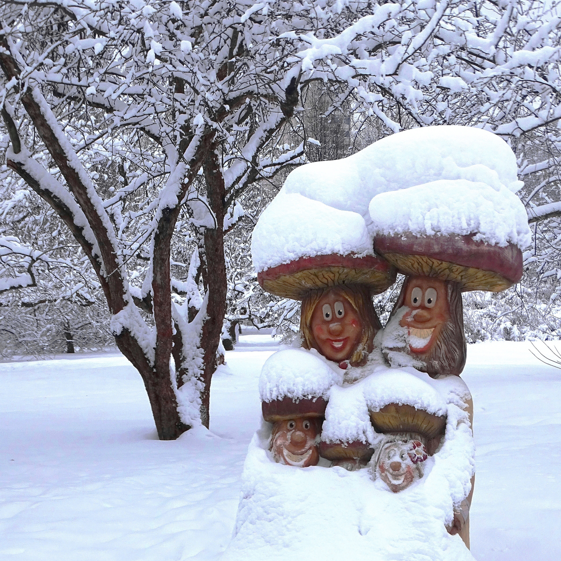 Весёлое семейство после снегопада в парке Тушино снегопад зима парк веселое семейство
