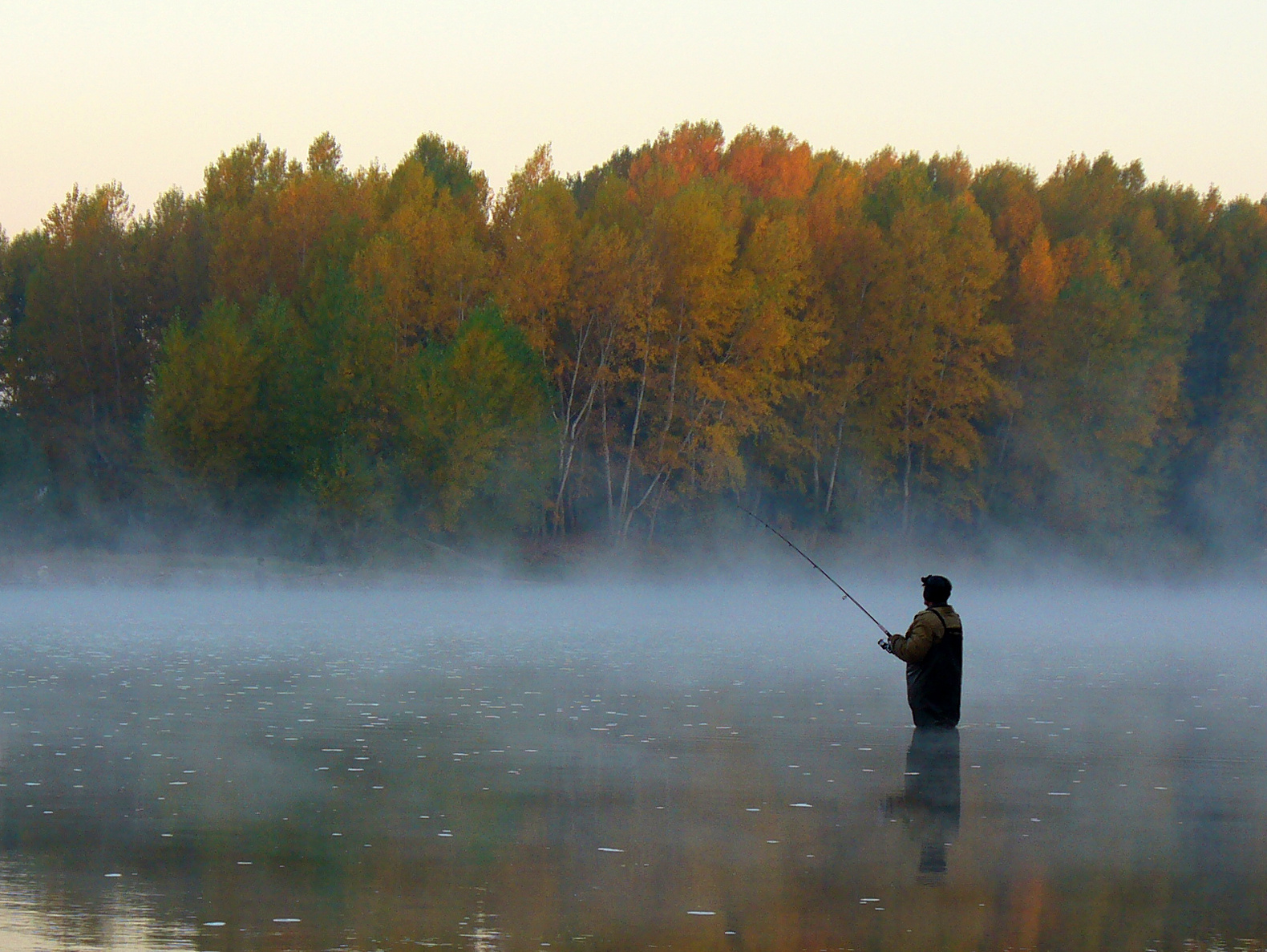 Рыбак и туман над рекой 