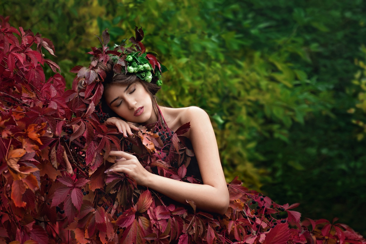 Осень осень девушка модель венок листья краски красота никон нежность