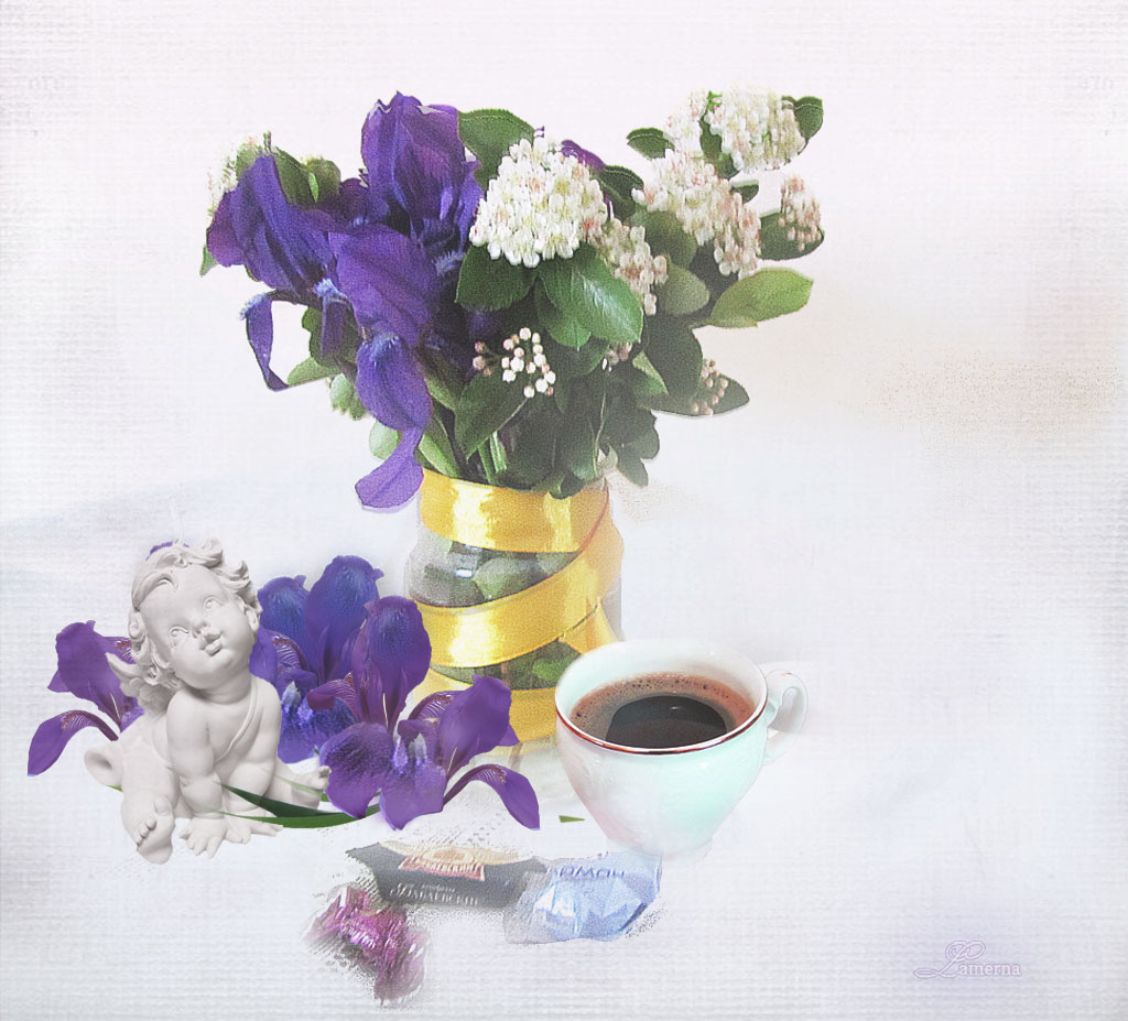 весенний кофе ирисы весна цветы чашка кофе ангелочек