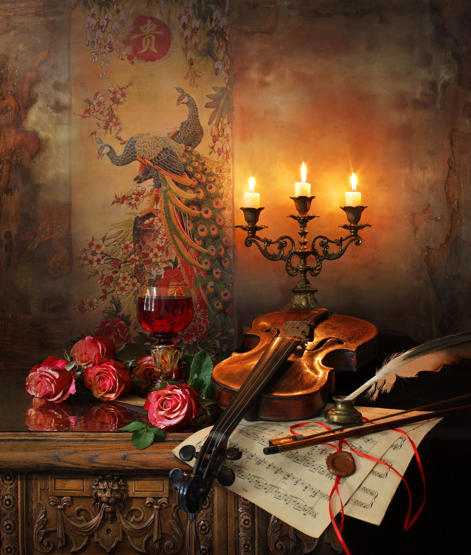 Натюрморт со скрипкой розами цветы розы картина музыка скрипка свечи
