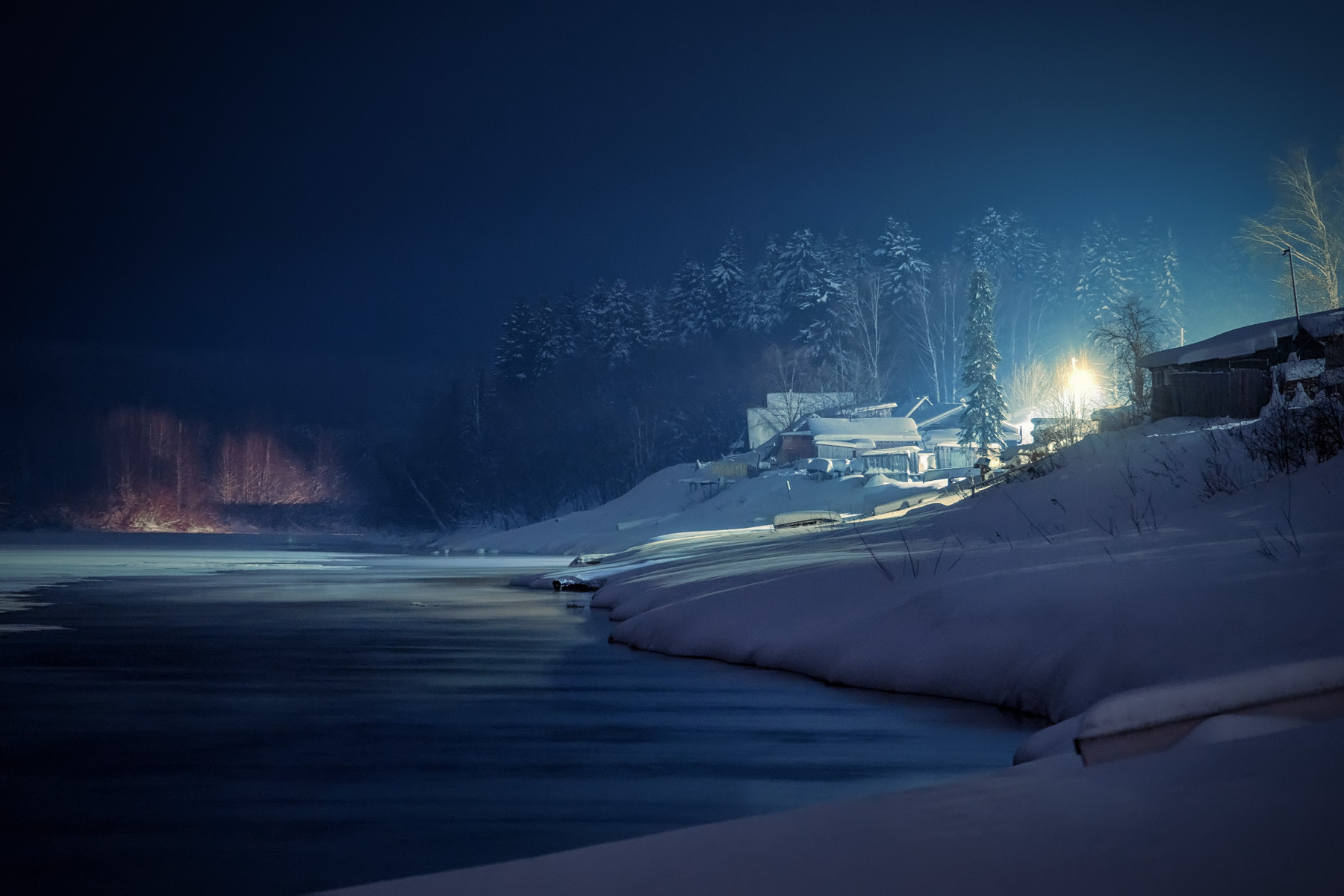 Ночь января вишера река лед деревня зима мороз красновишерск