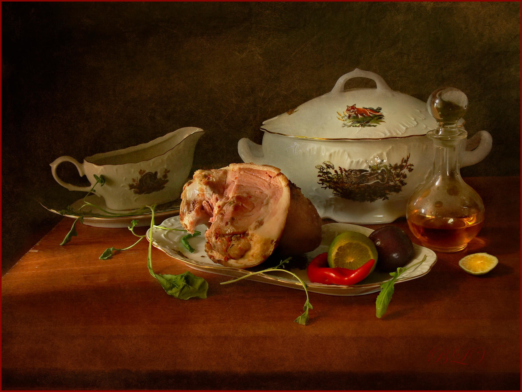 С вареным окороком натюрморт мясо рококо посуда Богемия