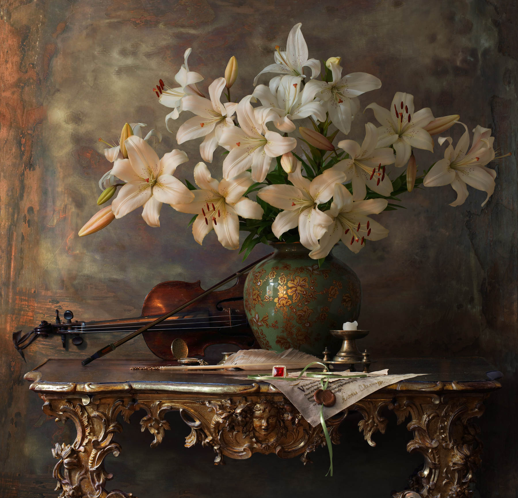 Натюрморт со скрипкой и лилиями цветы скрипка лилии букет