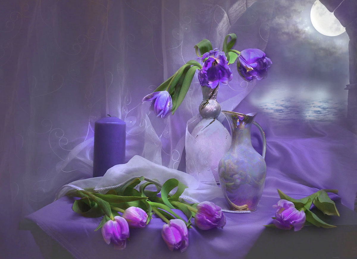 В объятиях сиреневой нежности... still life натюрморт цветы фото фарфор тюльпаны свеча настроение