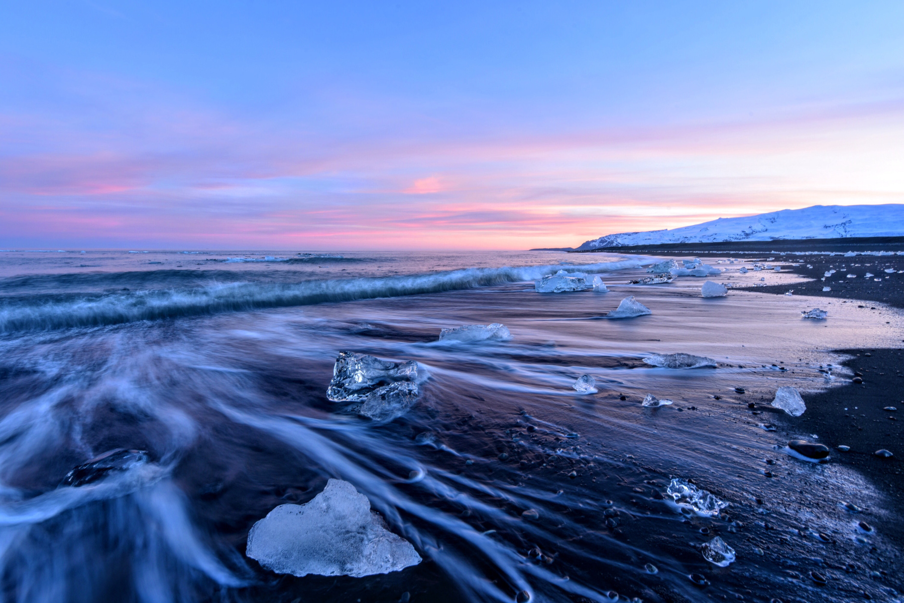 Бриллиантовый пляж на закате, Исладния пейзаж океан закат исландия