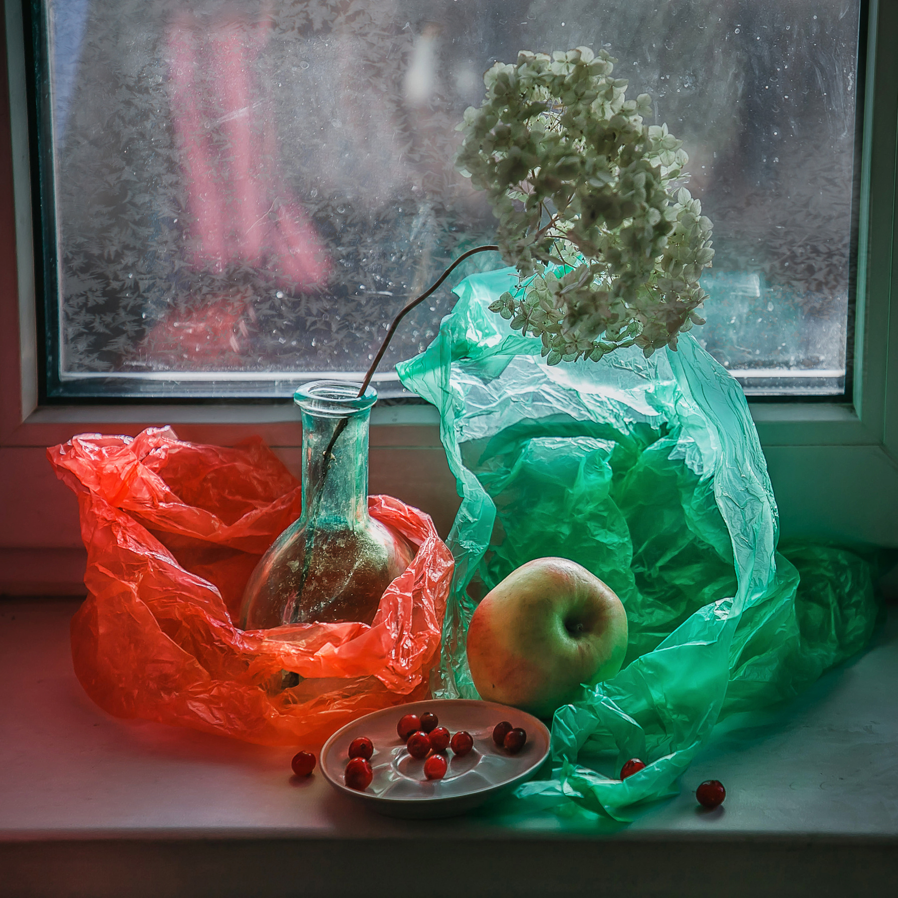 Цветные пакеты у окна натюрморт стекло ягода яблоко гортензия
