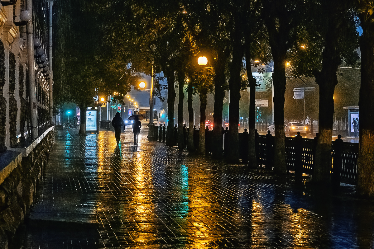Дождь ночь ливень дорога свет