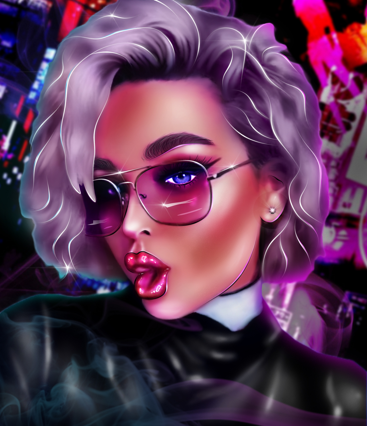 Fashionable girl with glasses in the neon fog. lighting face glasses model portrait woman beauty creative design fashion girl neon attractive charming cyberpunk dark delightful eyeglasses fog glitter hairstyle sexy stylish trendy young clip art digital illustration