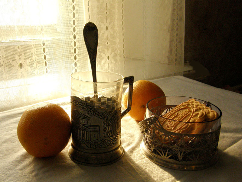утренний чай подстаканник, апельсин, утро