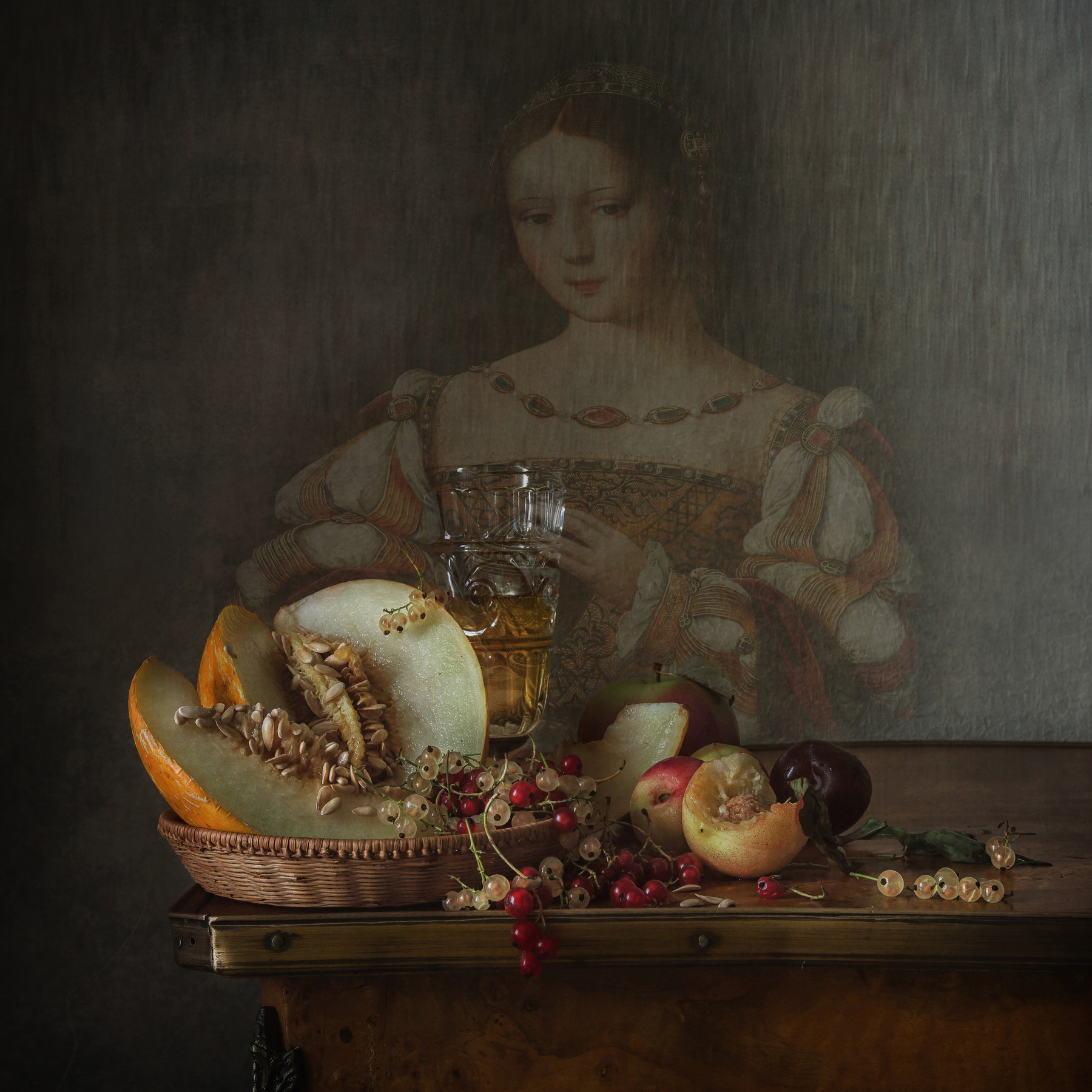 С портретом кисти неизвестного художника натюрморт портрет стекло фрукты дыня слива нектарин ягода смородина