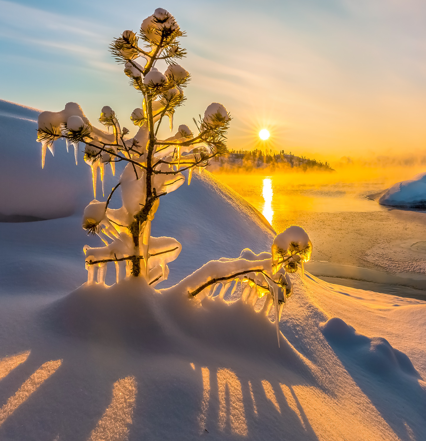 Творчество Ладоги Ладожское озеро Карелия зима снег солнце фототур лёд рассвет туман облака фактура сосна дерево