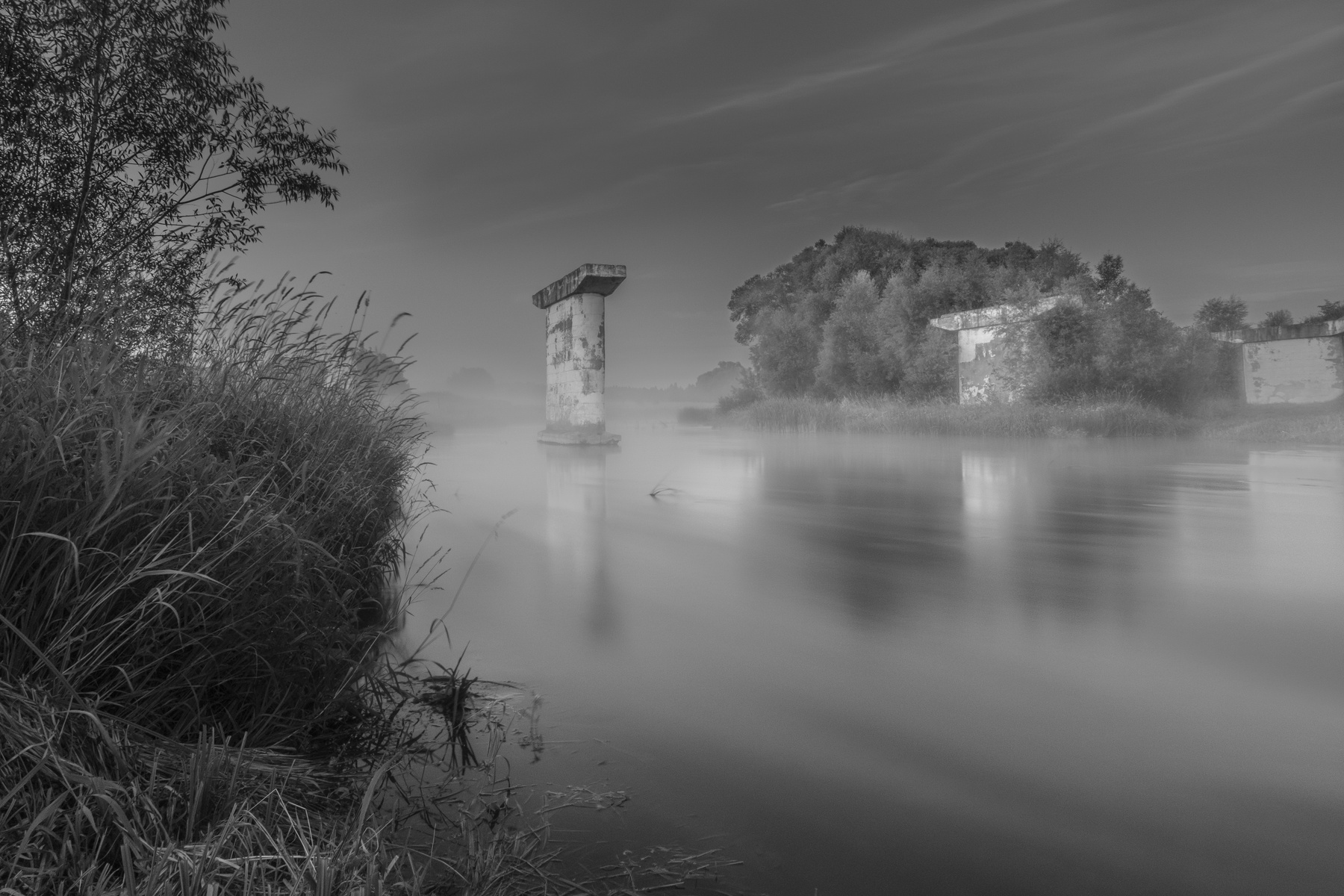 *** туман река вода мост природа трава дерево