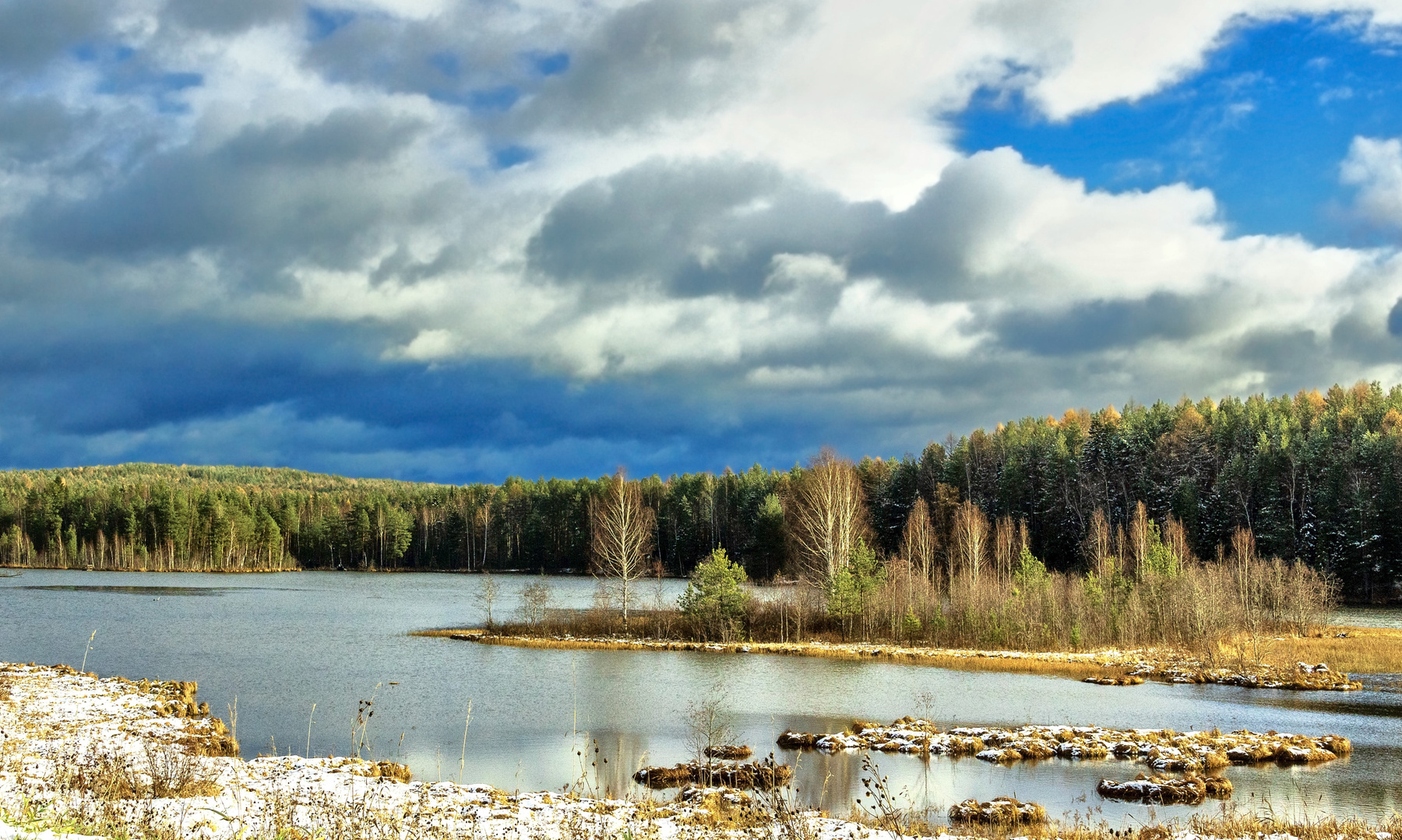 острова россия урал осень зима природа пейзаж снег река лес деревья перспектива вода пруд