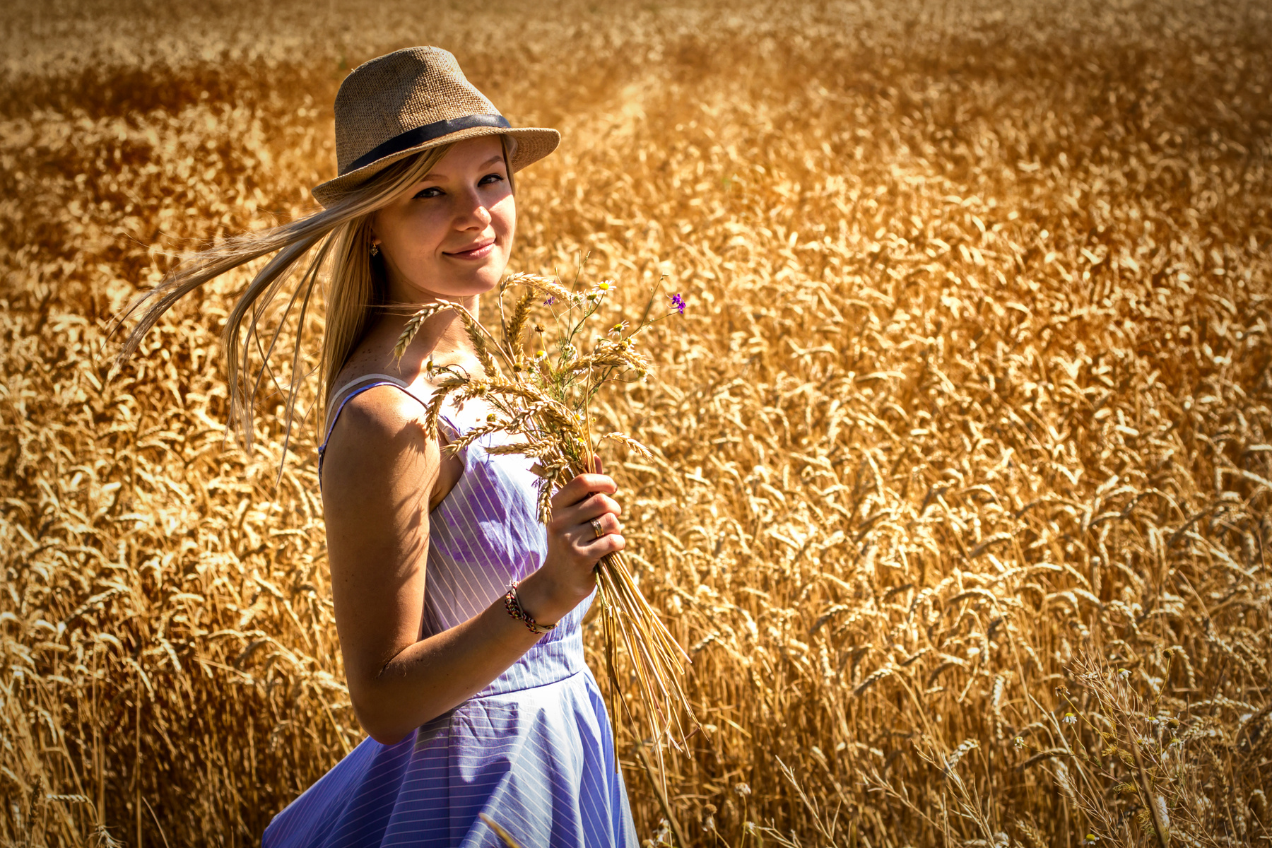 В поле пшеница поле лето июльское солнце красивое место девушка колосья ветер раздувает волосы