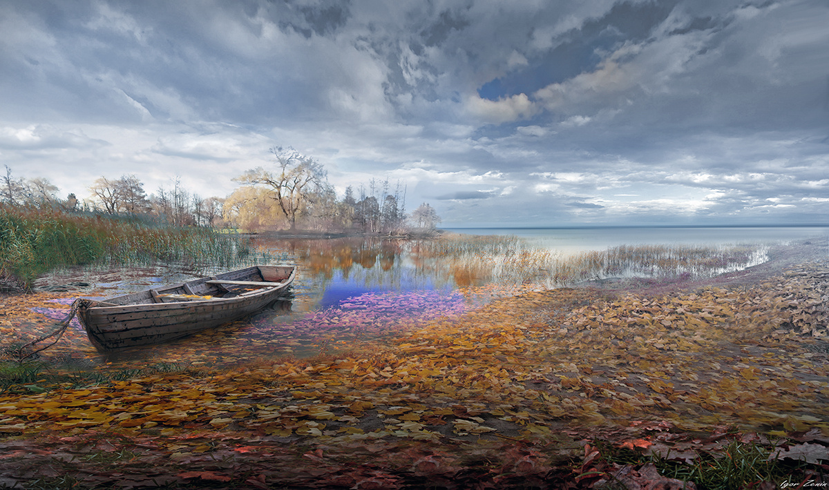 Тишина Ноябрь осень лодка озеро тишина
