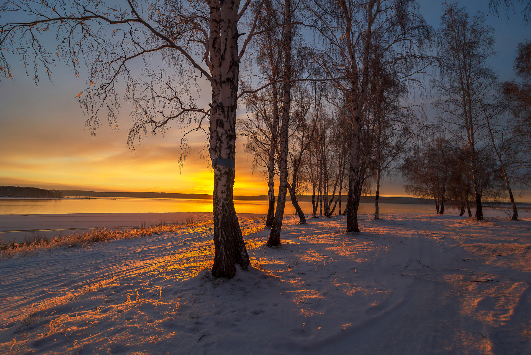 *** закат березы берег Байкал снег лед вода вечер солнце облака тени
