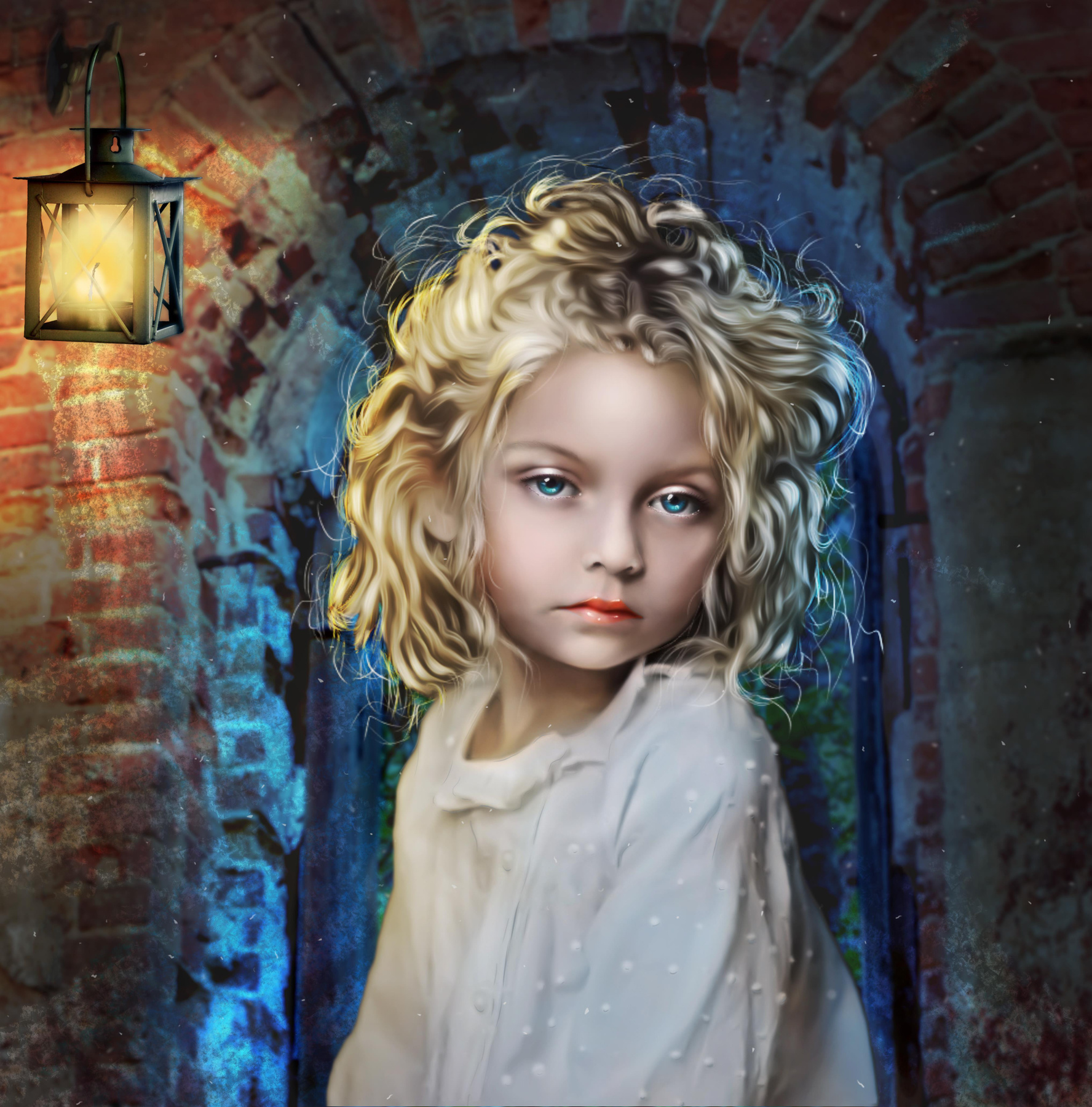 A little girl in a nightgown under a kerosene lamp in an old castle. magic curly night burning child illustration light cute dress girl little fantasy imagination drawing candid childhood carefree fear loneliness mystery privacy solitude teenager funny terrified twilight fairy tale dark vibrant color lamp castle old