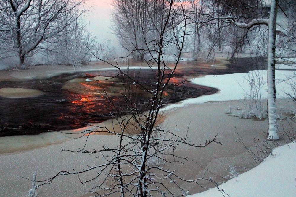 Рассвет на Лососинке Зима снег деревья река