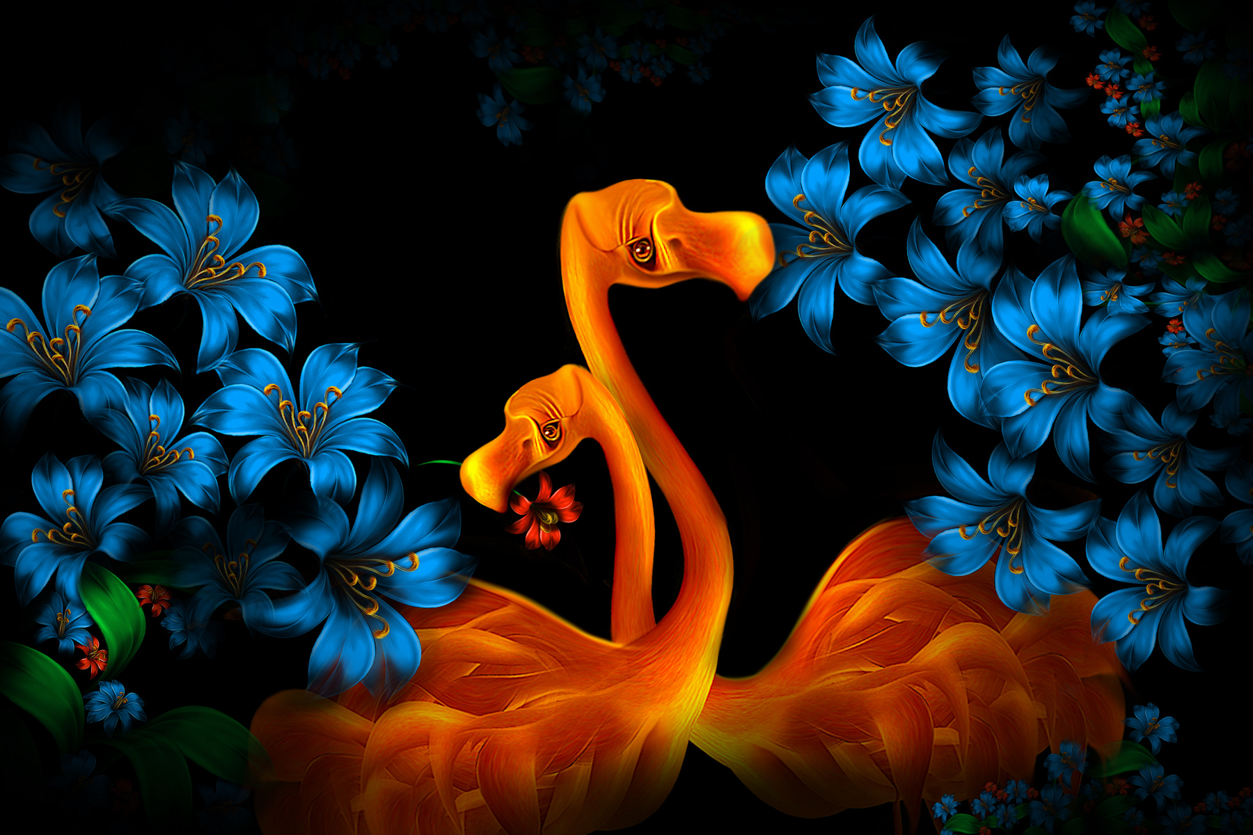 Свидание в ночи фото-рисунок иллюстрация контраст прогулка свидание романтика Фламинго пара цветы свет цвет Коллаж GeminiArt Понравилось