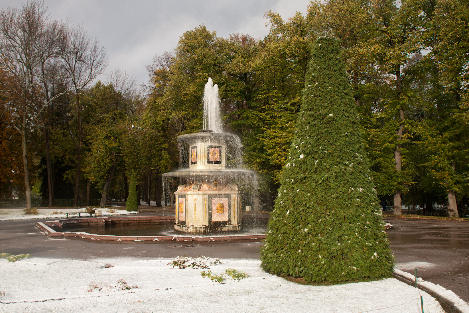 Первый снег Петергоф фонтаны золотая осень снегопад