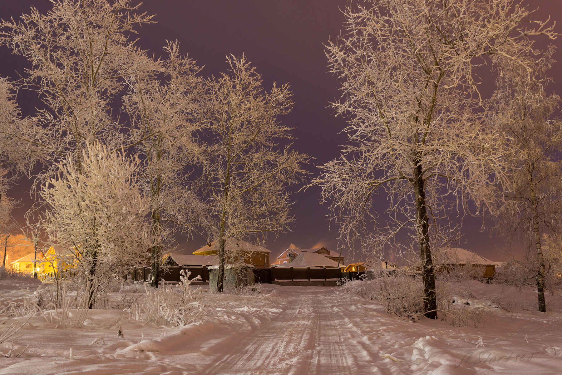 Морозный вечер зима снег парк ночь вечер иней деревья пейзаж природа Пермский_край Лысьва Урал