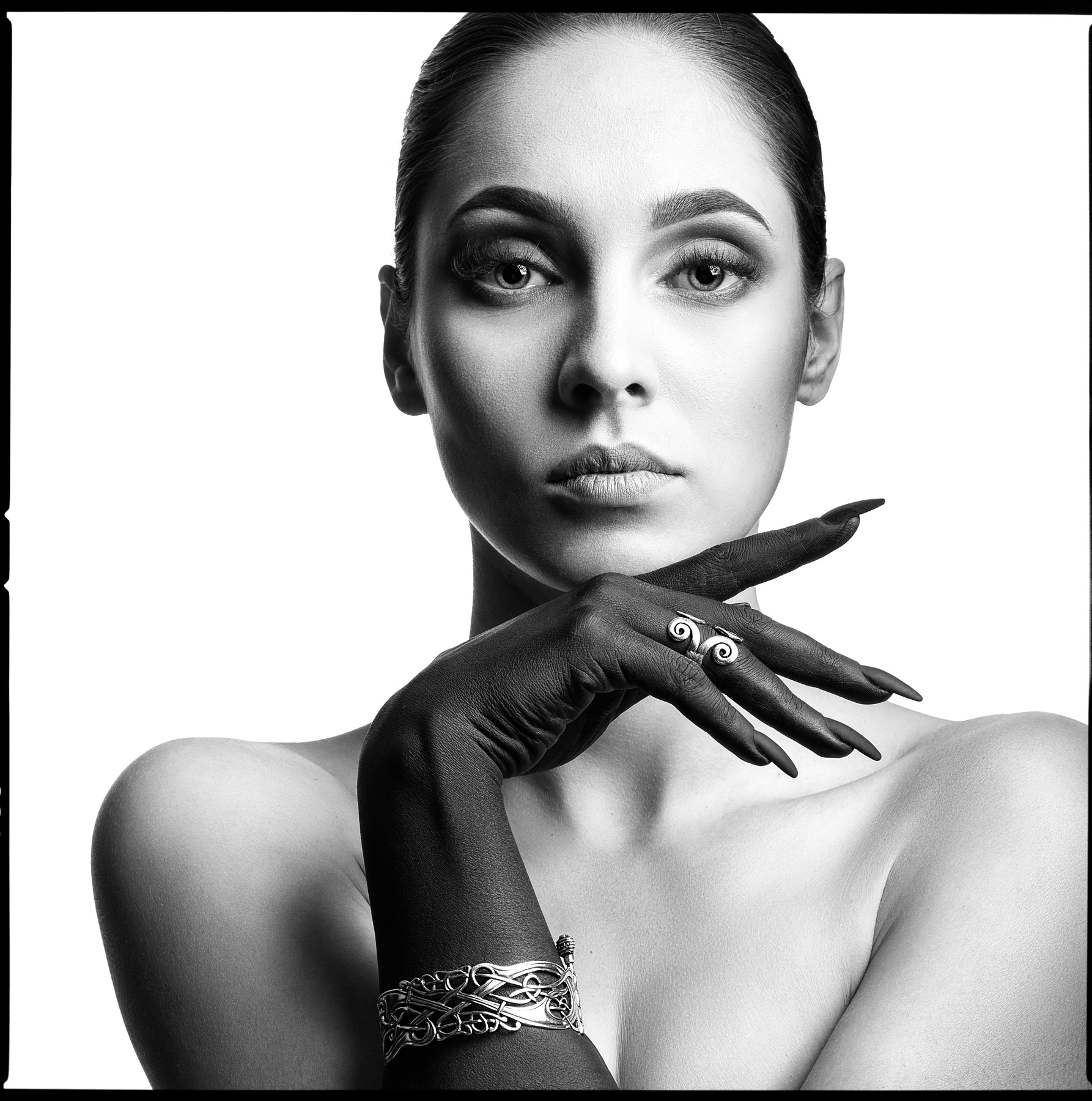 Model with bracelet and ring girl look eyes lips black hand jewelry ring bracelet