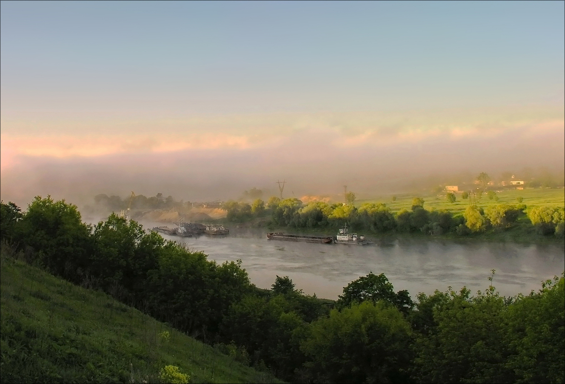 Туманным утром у реки. утро река Ока туман деревья кусты