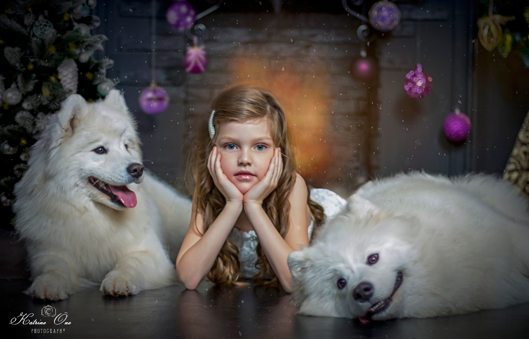 Маленькая Александра с настоящим самоедами детская фотосессия дети самоеды студия новый год