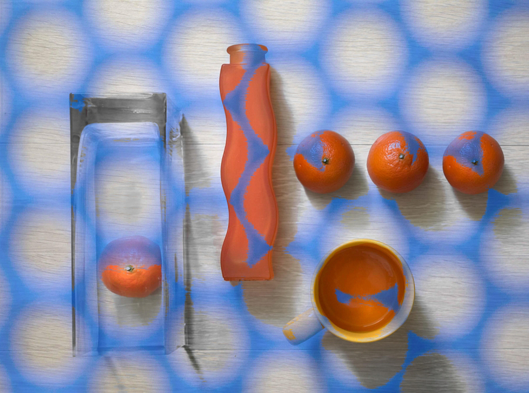 Цвет настроения - синий... Натюрморт синий оранжевый мандарины вид сверху ваза кружка цифровая обработка
