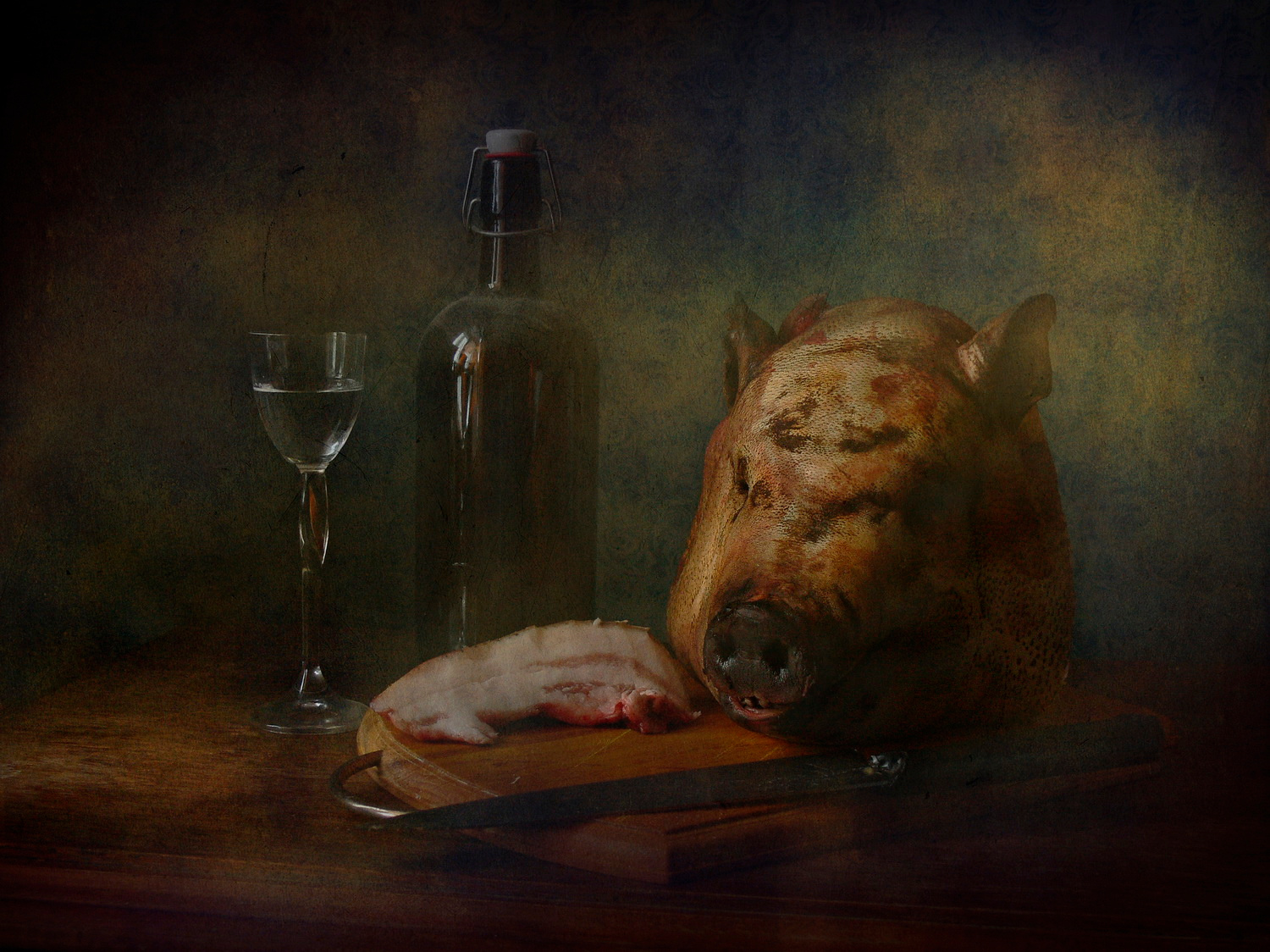 Праздничный ужин со свиной головой натюрморт свиная голова сюр ванитас