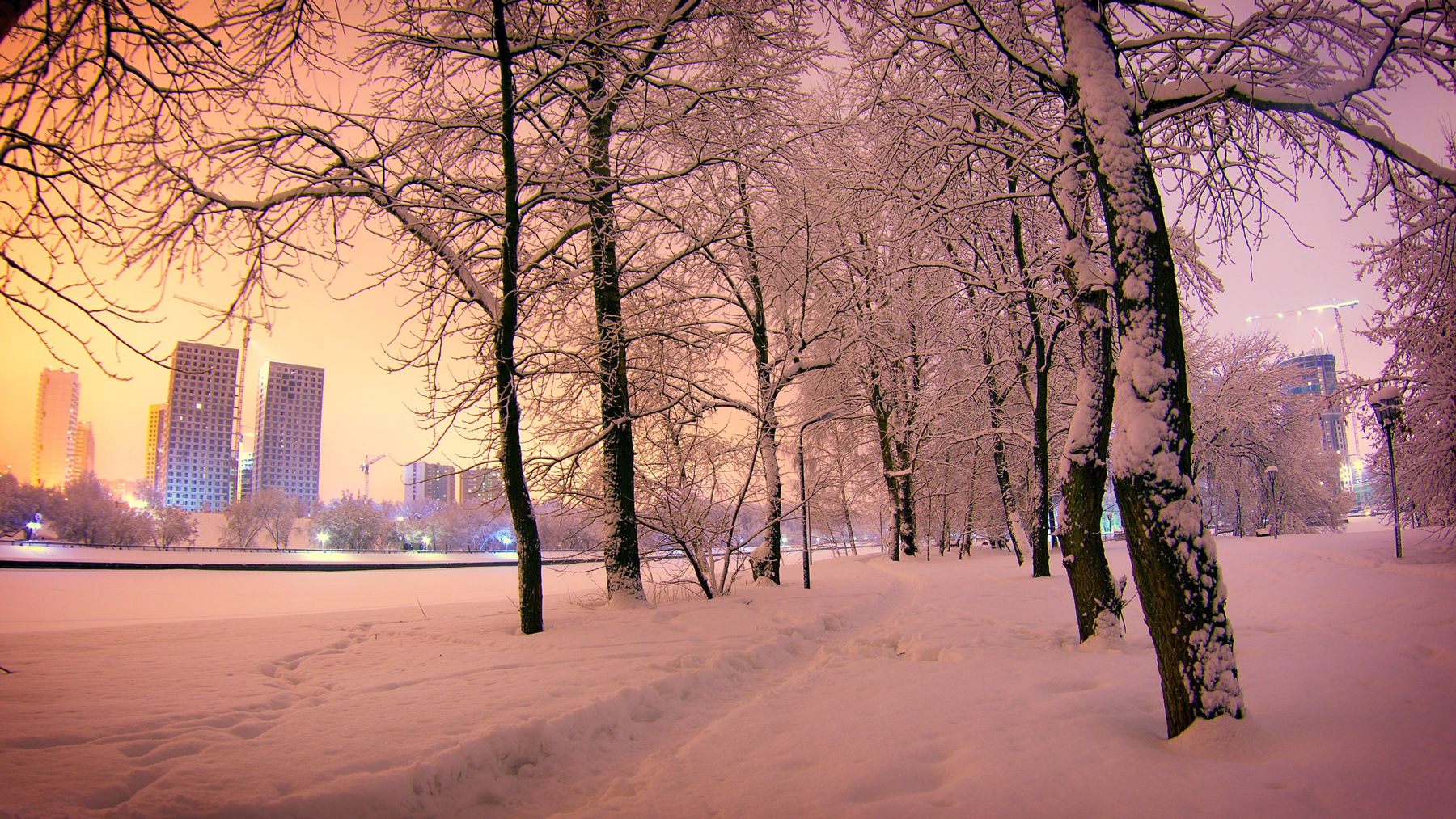 Снежный берег Снег Химки Город снегопад ночь