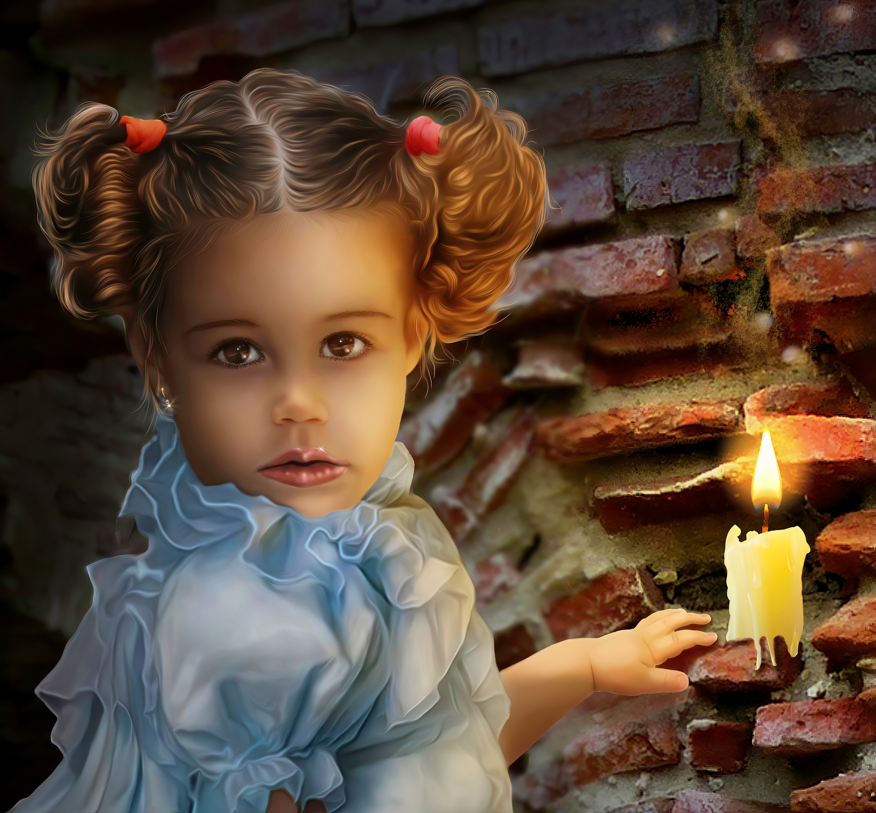 Little princess by the candle. magic curly night burning child illustration light cute dress girl little fantasy imagination drawing candid childhood carefree fear loneliness mystery privacy solitude teenager funny terrified twilight fairy tale dark vibrant color lamp castle old