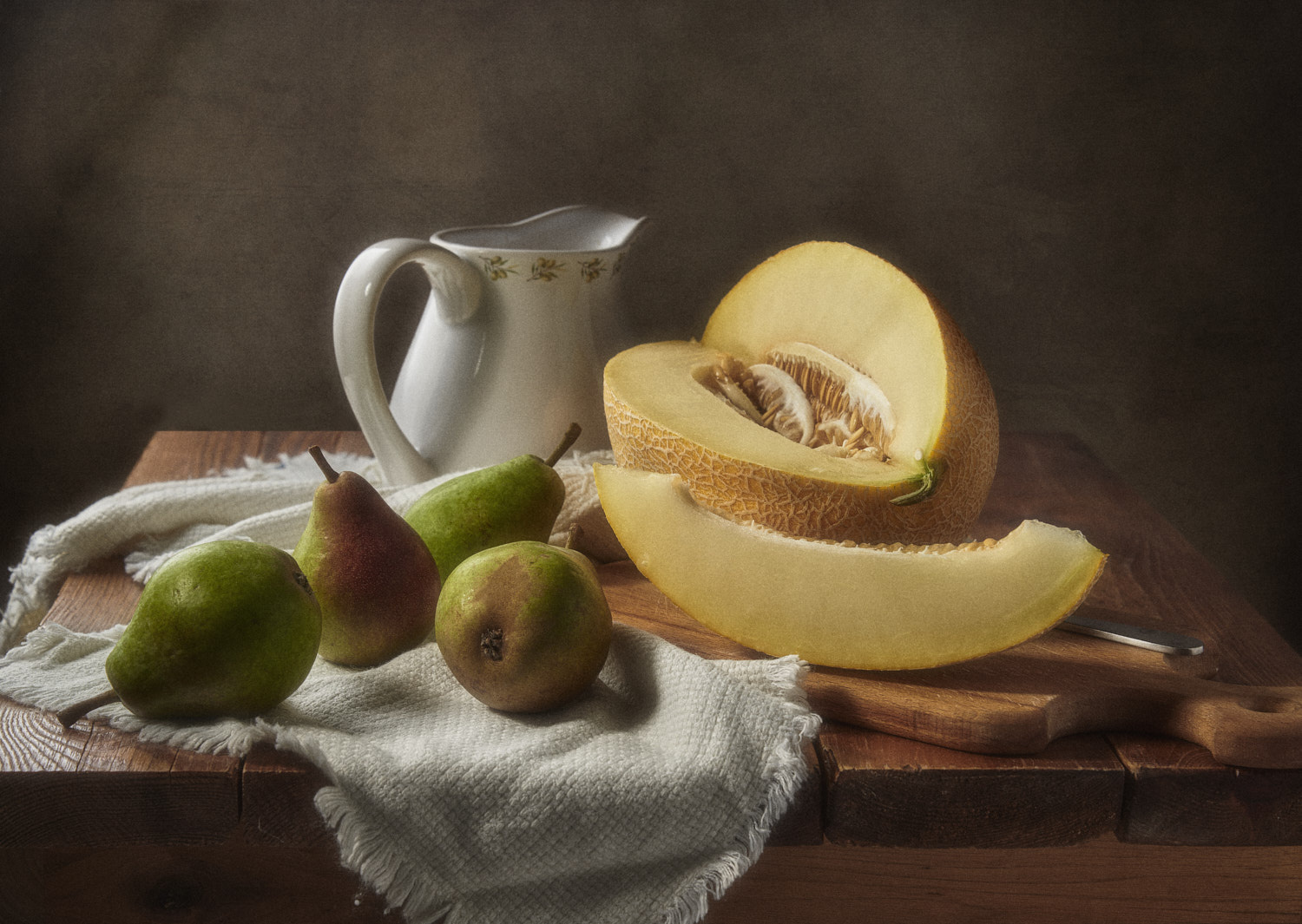 Дыня и груши натюрморт композиция постановка сцена плоды еда фрукты груши дыня кувшин